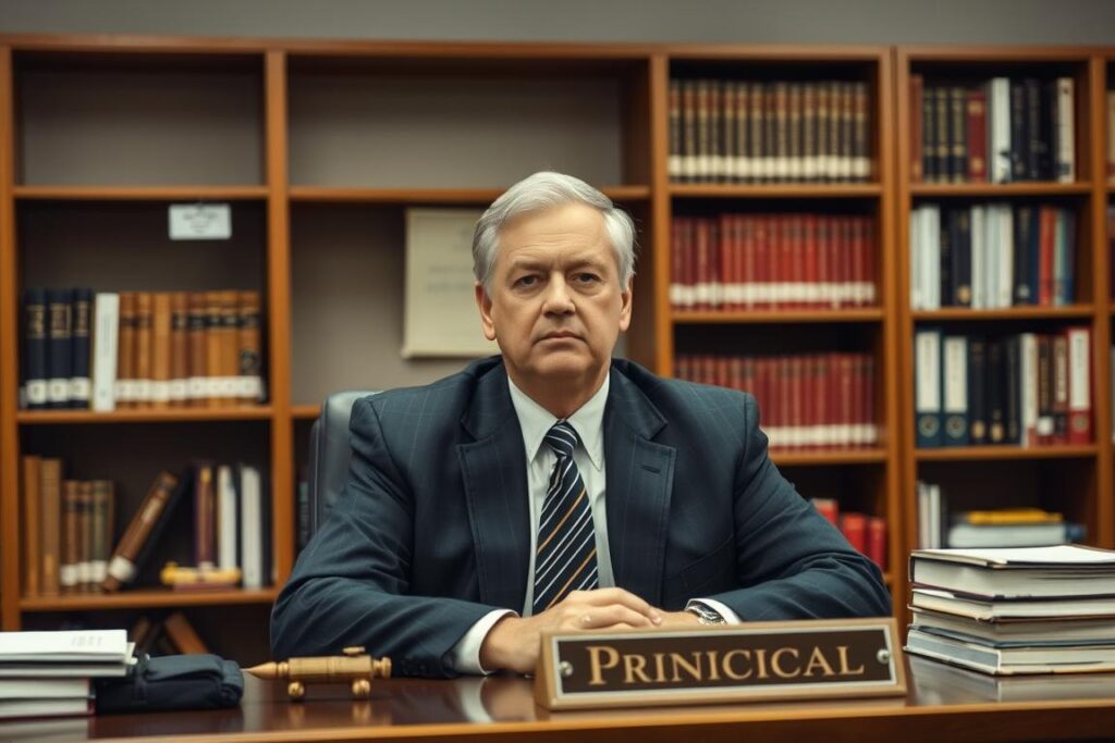 Dyrektor szkoły siedzący za biurkiem w gabinecie, sennik szkoła i nauka