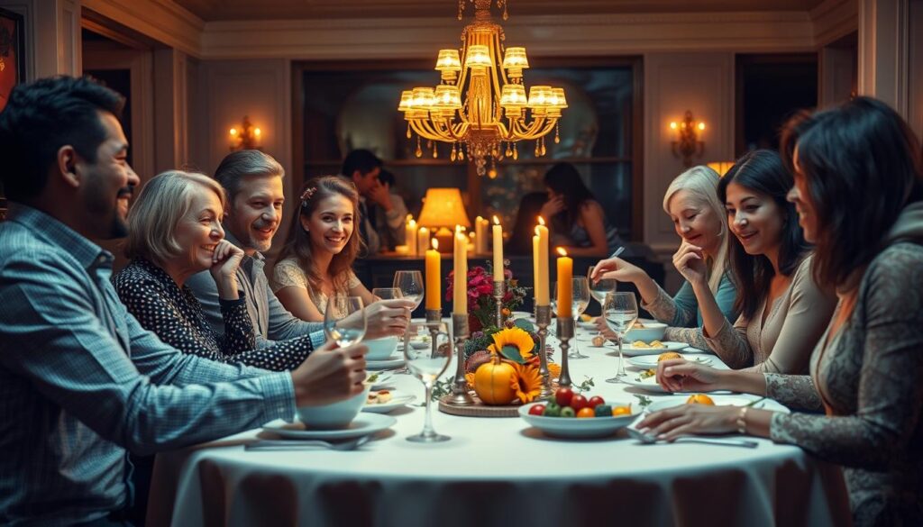 Grupa ludzi siedząca przy elegancko nakrytym stole podczas uroczystego posiłku