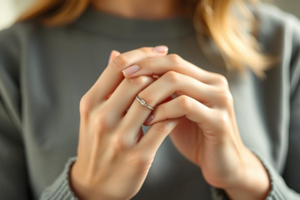 Kobieta zakładająca pierścionek na palec, symbolizująca sennik pierścionek zakładać