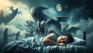 Kolaż postaci fantastycznych pojawiających się w snach - duchy, wampiry i kosmici - sennik fantastyka