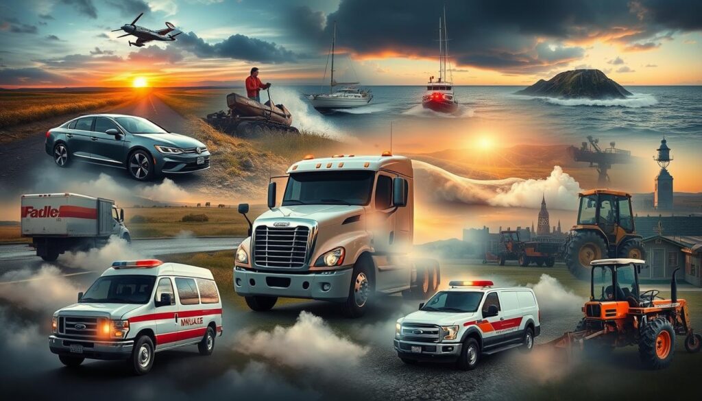 Kolaż różnych pojazdów we śnie symbolizujących różne aspekty życia