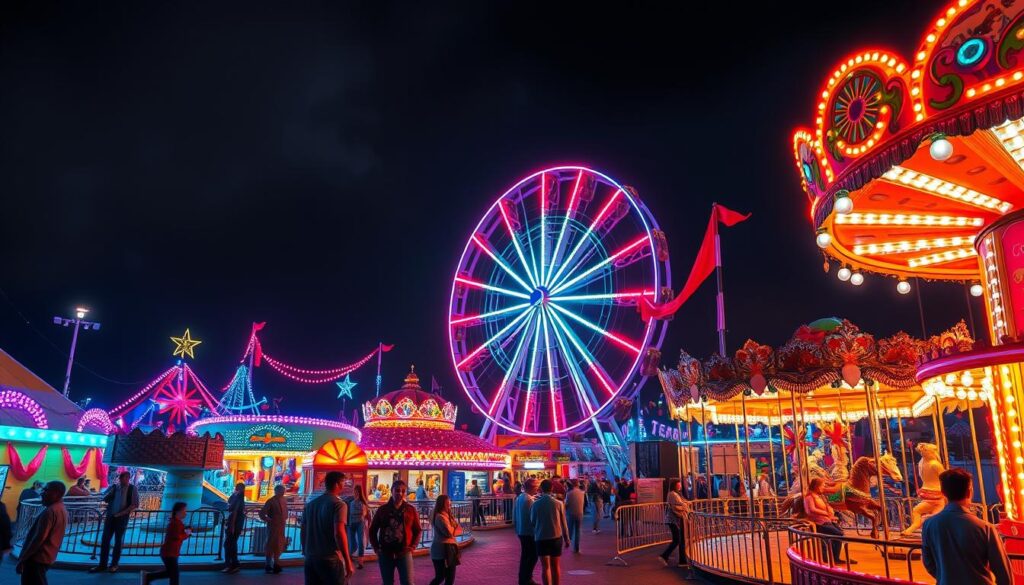 Kolorowe wesołe miasteczko nocą symbolizujące radość i beztroskę w sennik drogi