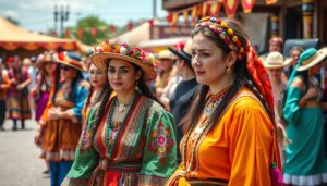 Kolorowo ubrani Cyganie/Romowie w tradycyjnych strojach podczas festiwalu kulturowego