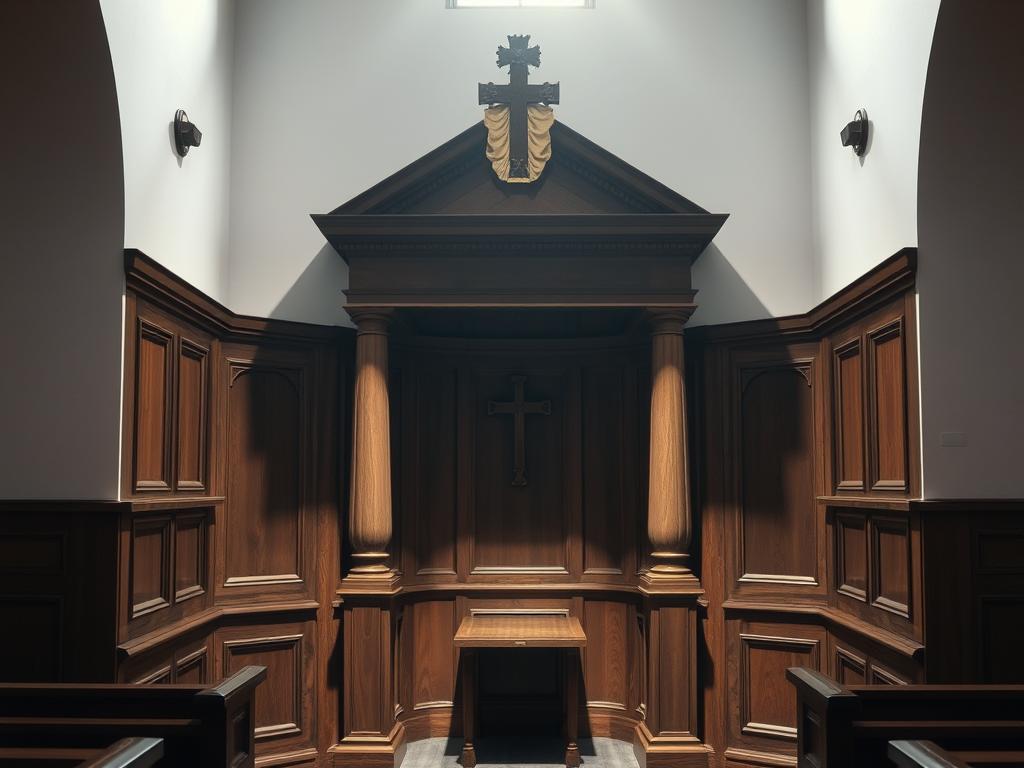 Konfesjonał w kościele z delikatnym oświetleniem, sennik spowiedź w kościele