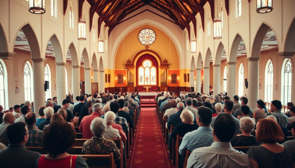 Kościół wypełniony wiernymi podczas nabożeństwa, sennik kościół pełen ludzi