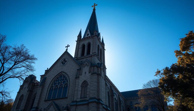 Kościół z wysoką wieżą na tle błękitnego nieba, symbolizujący duchowe poszukiwania w sennik kościół