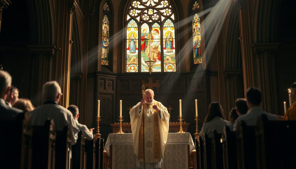 Ksiądz prowadzący nabożeństwo w kościele przy ołtarzu, sennik ksiądz w kościele