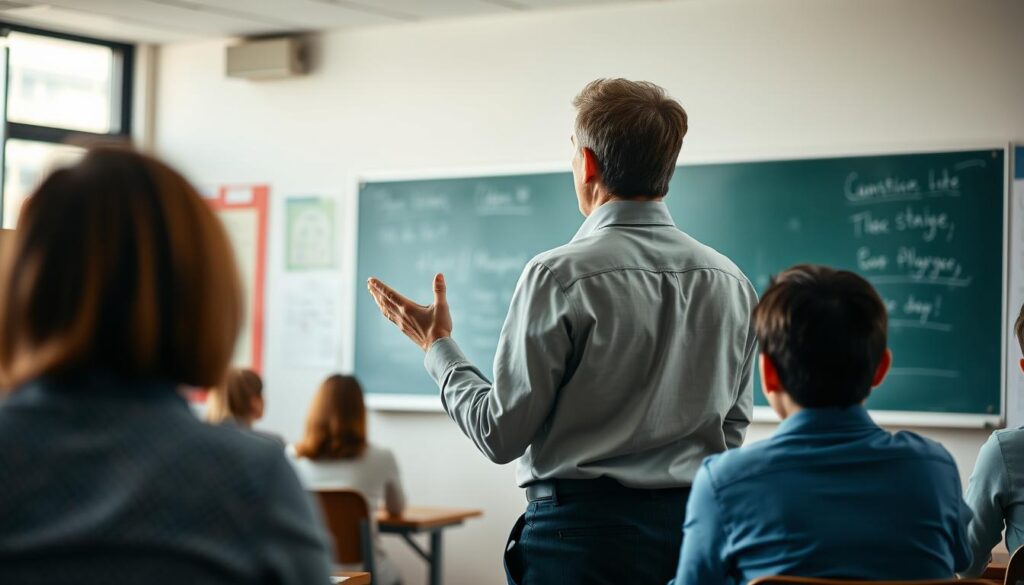 Nauczyciel stojący przed klasą i tłumaczący lekcję, sennik szkoła i nauka