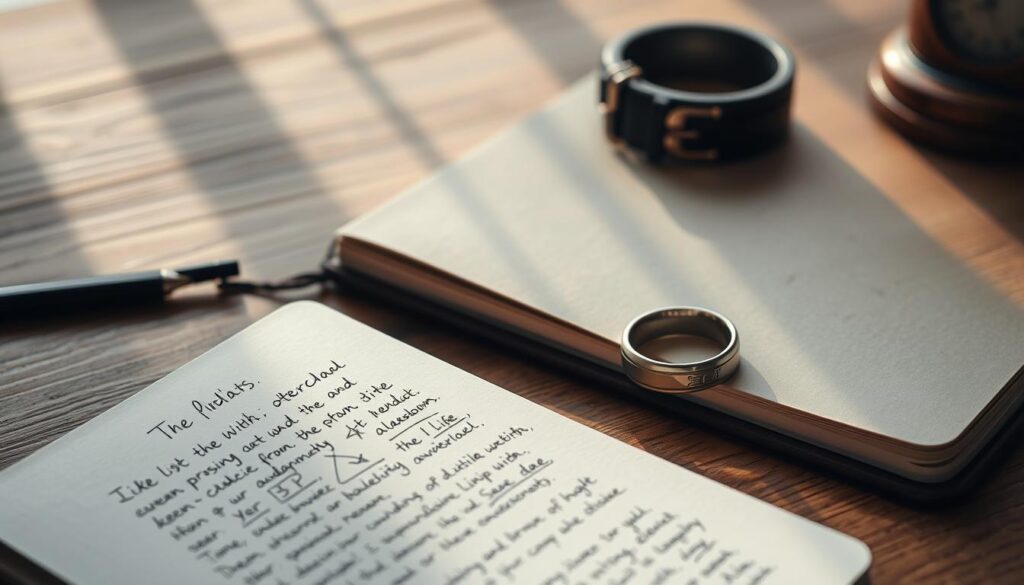 Notatnik z zapiskami dotyczącymi interpretacji snów, obok leżący pierścionek