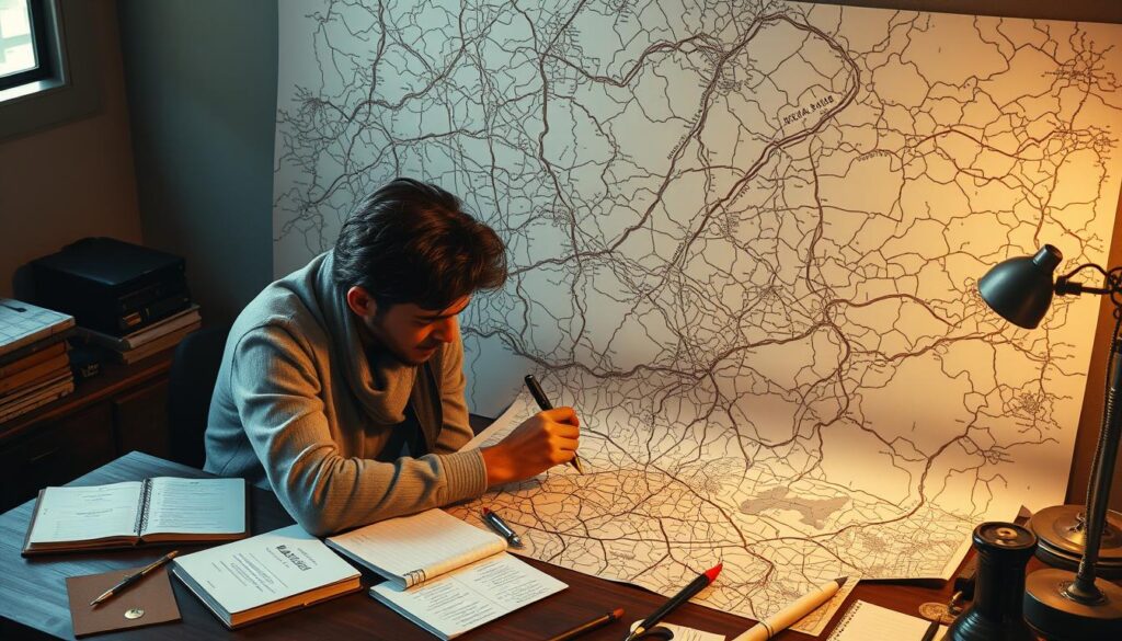 Osoba analizująca mapę dróg symbolizująca interpretację snów w sennik drogi