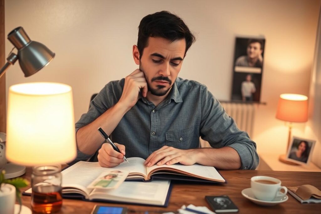 Osoba analizująca swoje sny w dzienniku snów, sennik szkoła i nauka