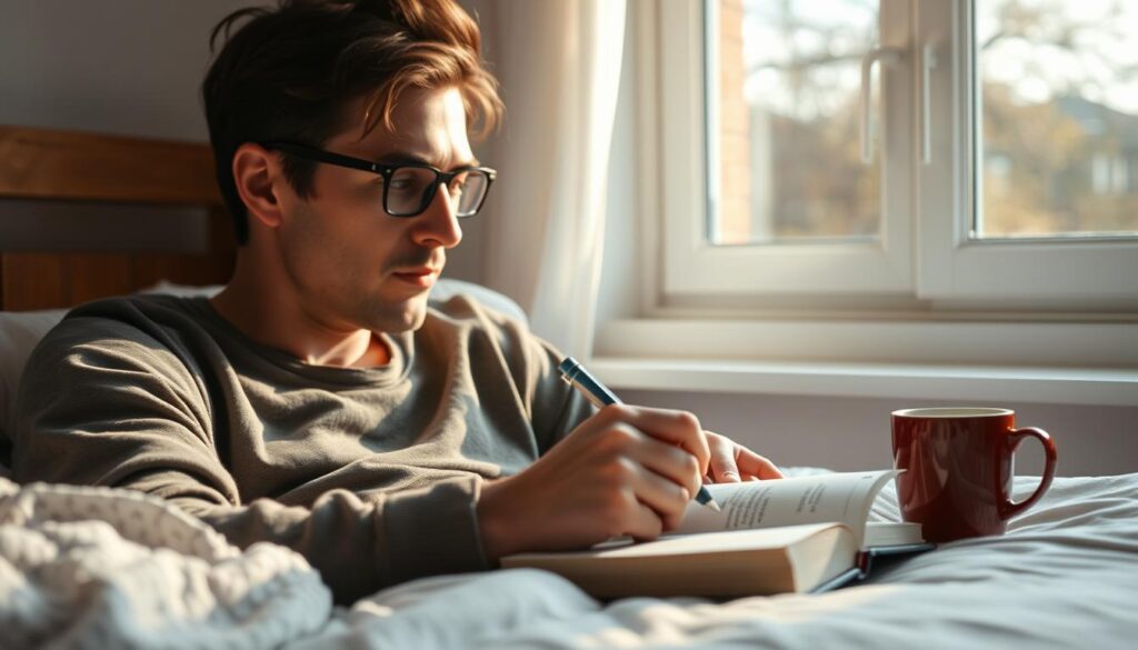 Osoba budząca się i zapisująca swój sen w dzienniku, sennik szkoła i nauka