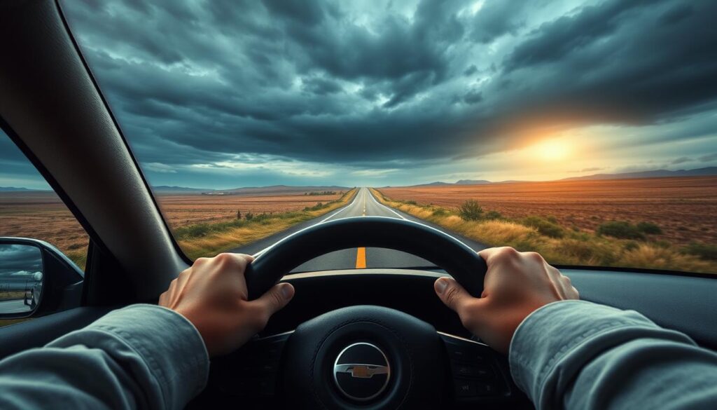 Osoba prowadząca pojazd we śnie, symbolizująca kontrolę nad kierunkiem życia