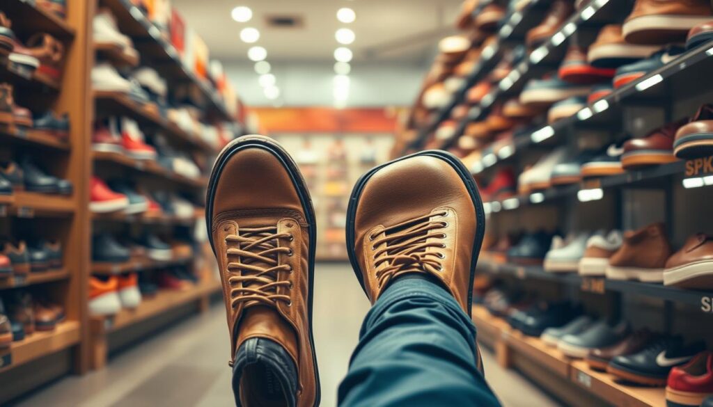 Osoba przymierzająca buty w sklepie, symbolizująca podejmowanie decyzji życiowych w sennikach