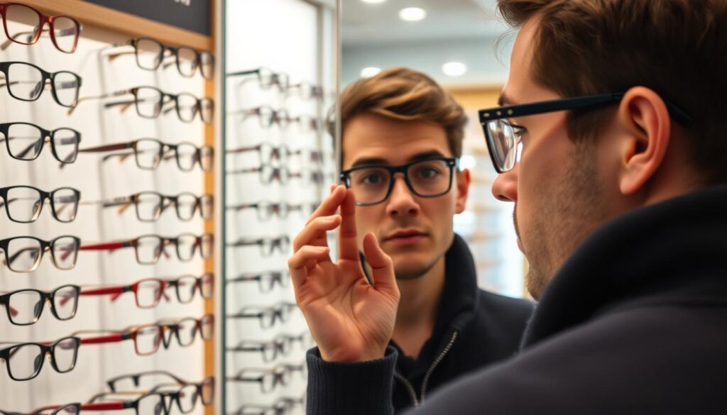 Osoba przymierzająca nowe okulary w sklepie optycznym, sennik okulary kupowanie