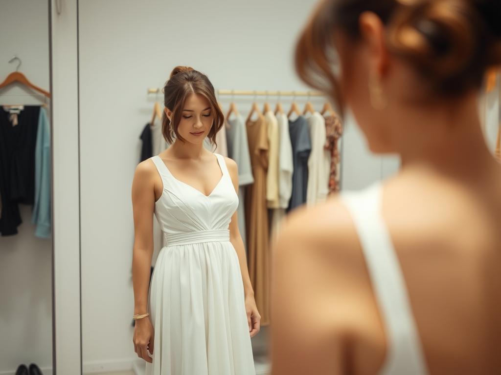 Osoba przymierzająca sukienkę przed lustrem, symbolizująca eksplorację tożsamości w sennik ubranie