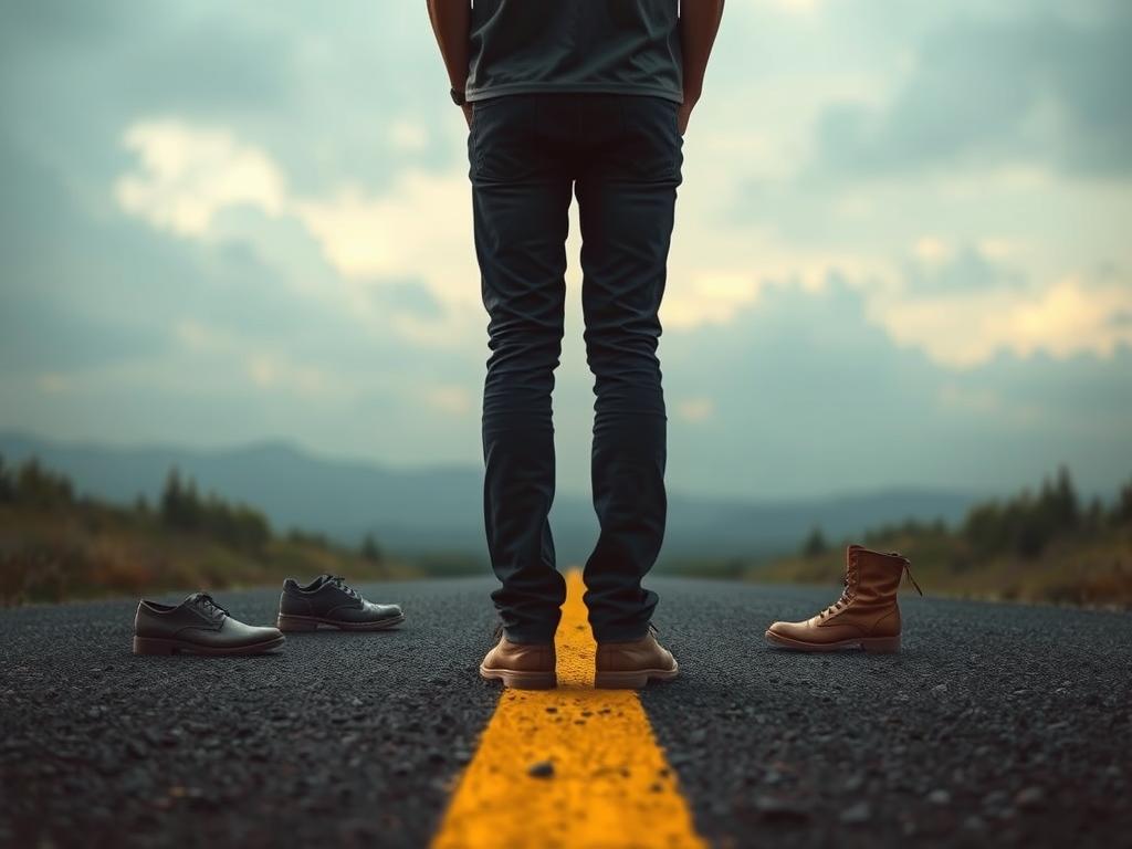 Osoba stojąca na rozdrożu z różnymi butami, symbolizująca wybory życiowe w sennikach
