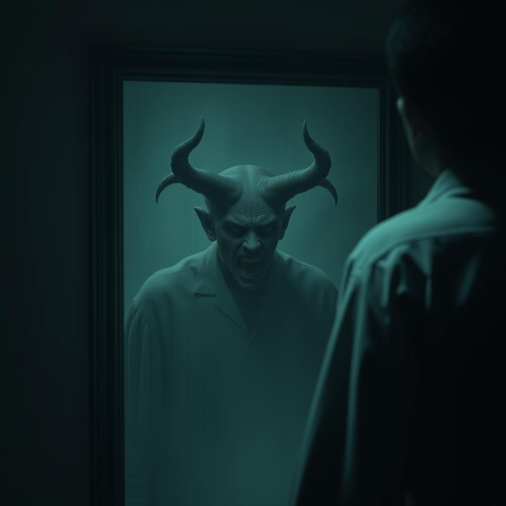 Osoba stojąca przed lustrem, w którym odbija się diabeł - sennik fantastyka