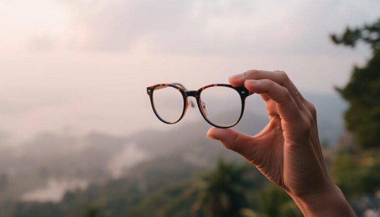 Osoba trzymająca okulary i patrząca przez nie na krajobraz, sennik okulary