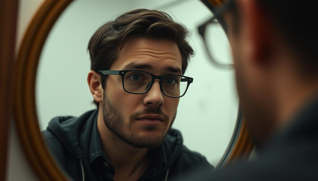 Osoba w okularach patrząca w lustro, sennik okulary samoświadomość