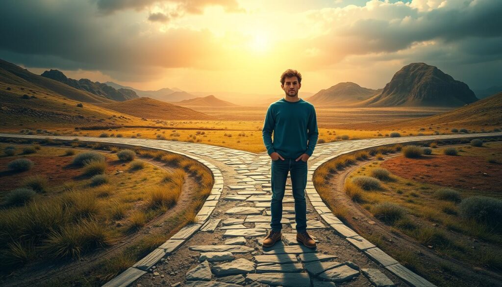 Osoba wyrażająca różne emocje na rozstaju dróg symbolizująca uczucia w sennik drogi