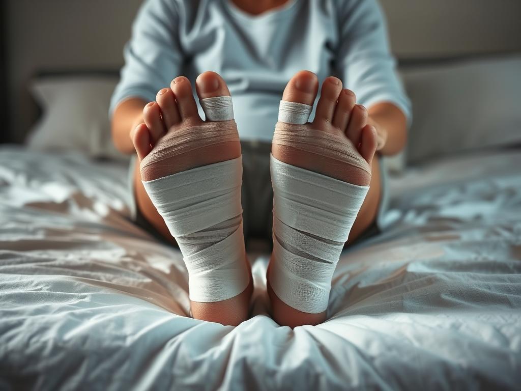 Osoba z zabandażowanymi stopami, symbolizująca rany emocjonalne według senników