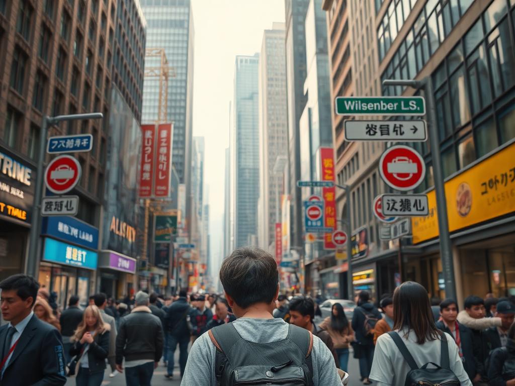 Osoba zagubiona w nieznanym mieście symbolizująca niepewność w sennik drogi