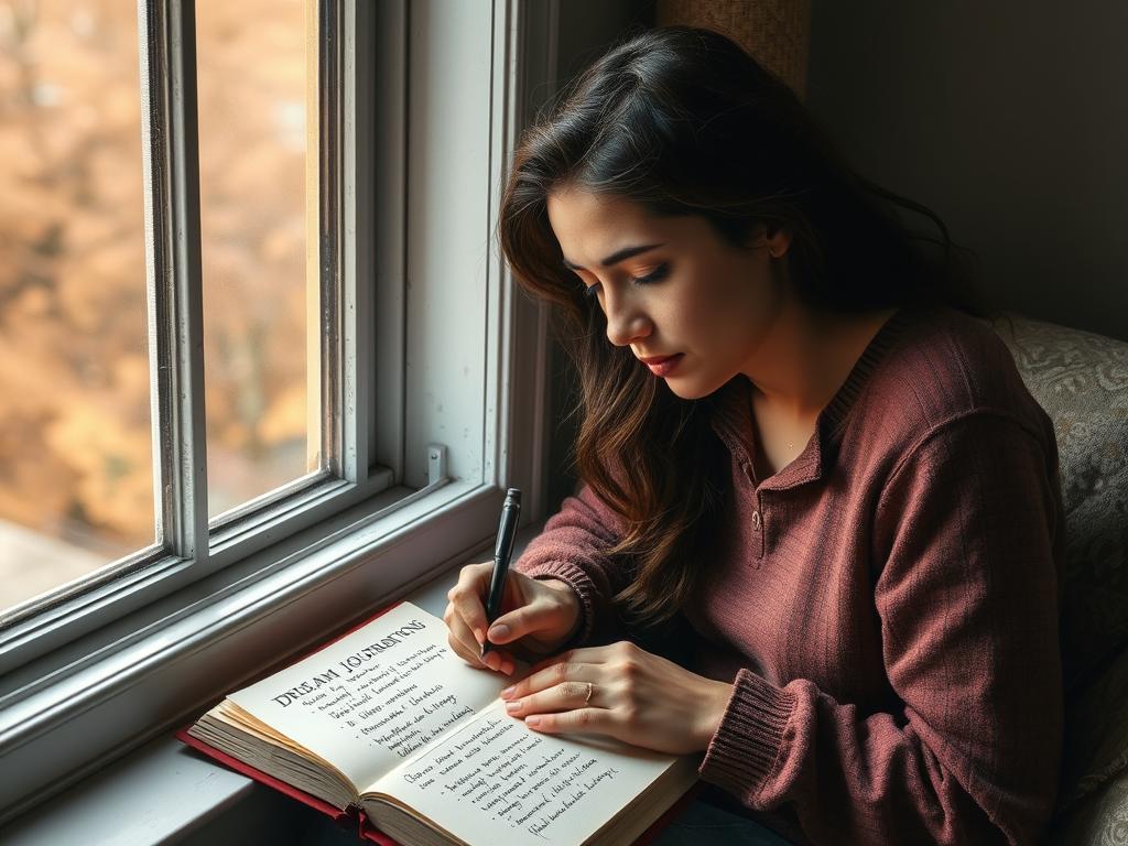 Osoba zapisująca swoje sny i emocje w dzienniku symbolizująca analizę snów w sennik drogi