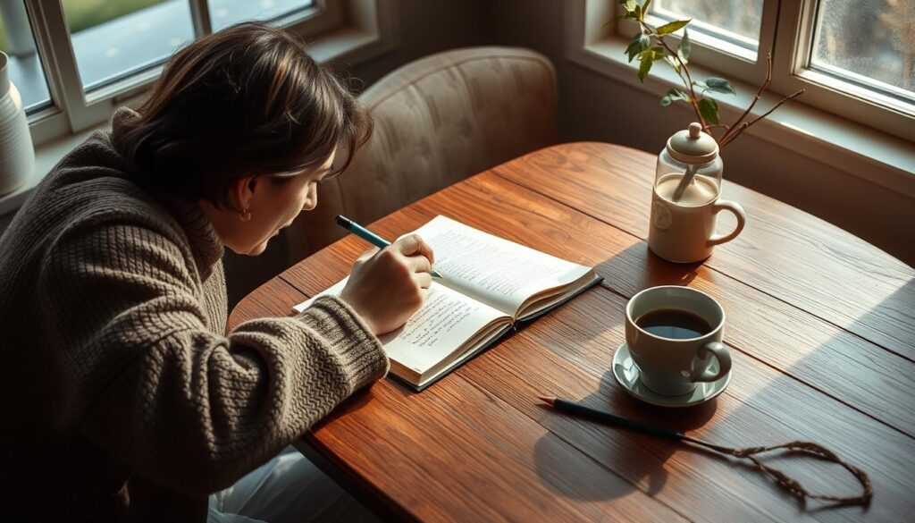 Osoba zapisująca swoje sny w dzienniku przy porannej kawie