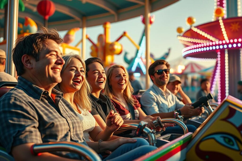 Osoby bawiące się w wesołym miasteczku symbolizujące radość życia w sennik drogi
