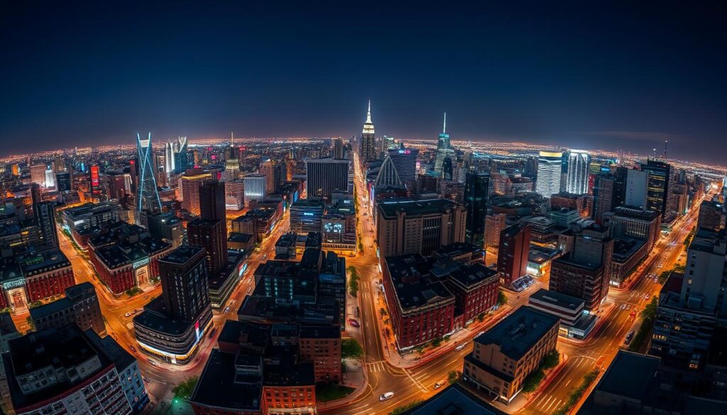 Panorama miasta nocą symbolizująca złożoność życia w sennik drogi