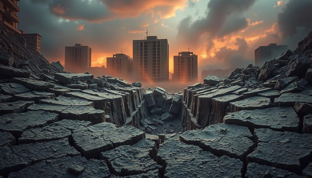 Pęknięta ziemia podczas trzęsienia ziemi, symbolizująca wstrząsy w fundamentach życia