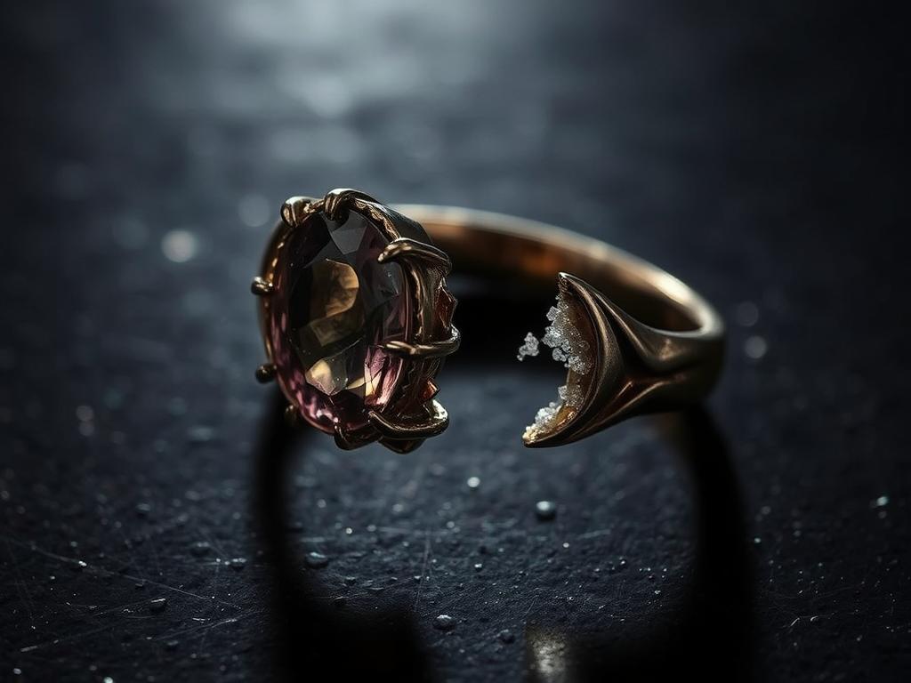 Pęknięty lub zniszczony pierścionek, symbolizujący sennik pierścionek zniszczony