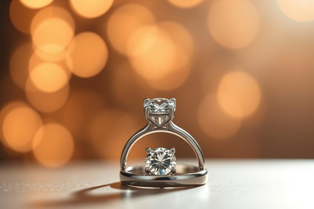 Pierścionek zaręczynowy na tle rozmytych świateł, symbolizujący sennik pierścionek zaręczynowy