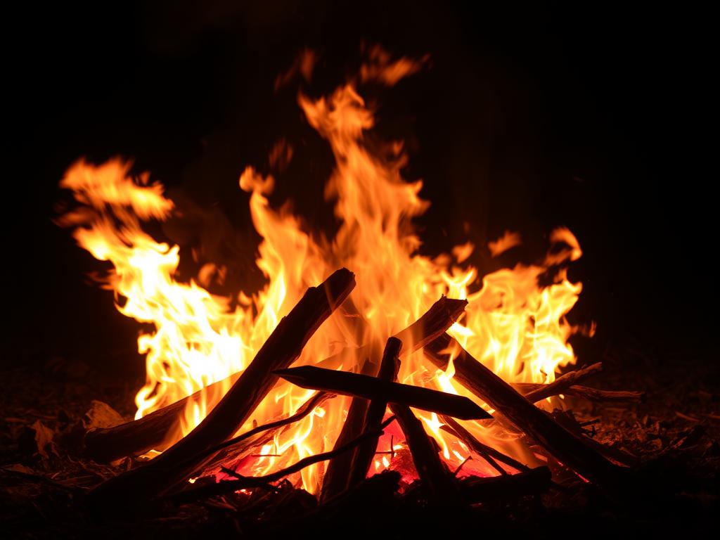 Płonące ognisko w nocy, symbolizujące transformację i oczyszczenie w snach