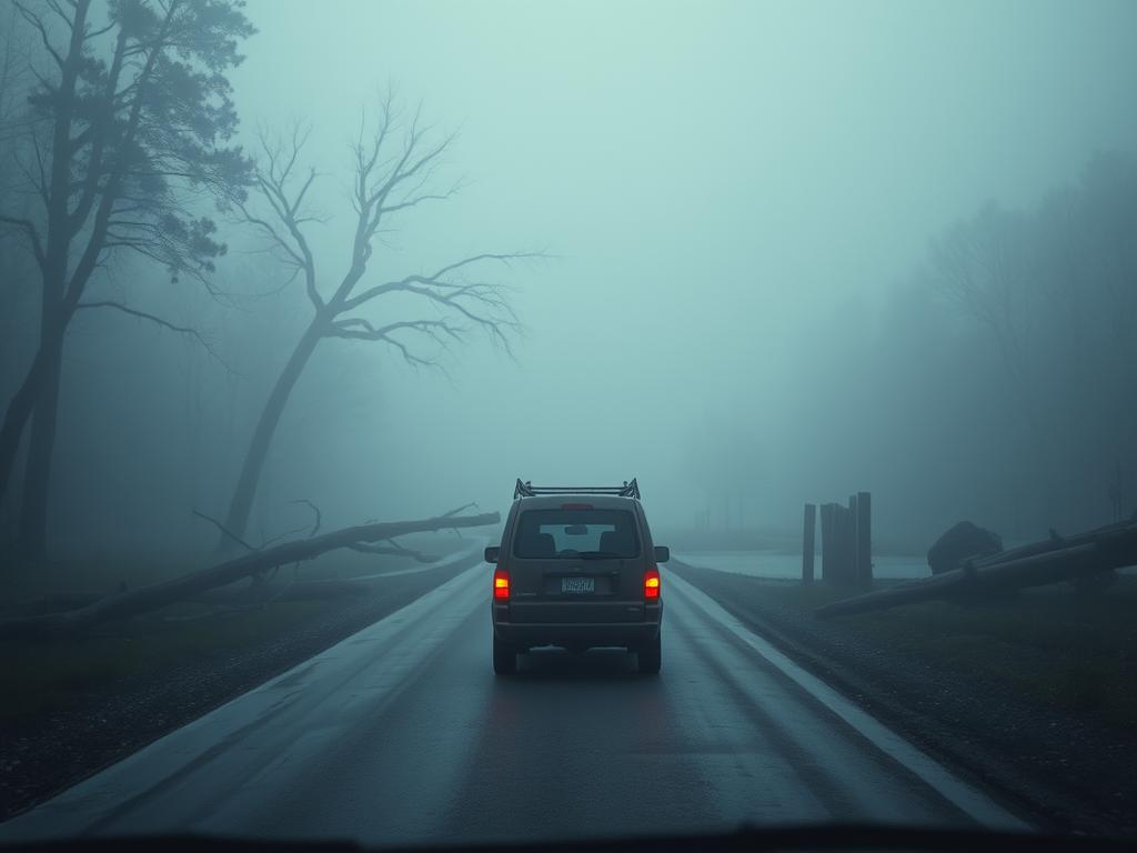 Pojazd napotykający przeszkody na drodze we śnie