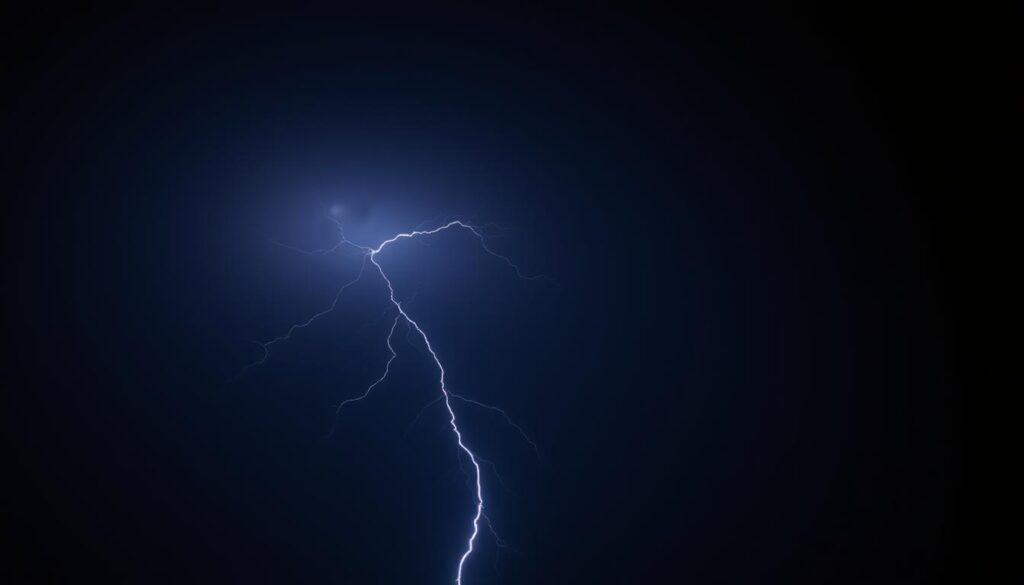 Pojedyncza błyskawica rozświetlająca nocne niebo, symbolizująca nagłe olśnienie lub moment prawdy w snach