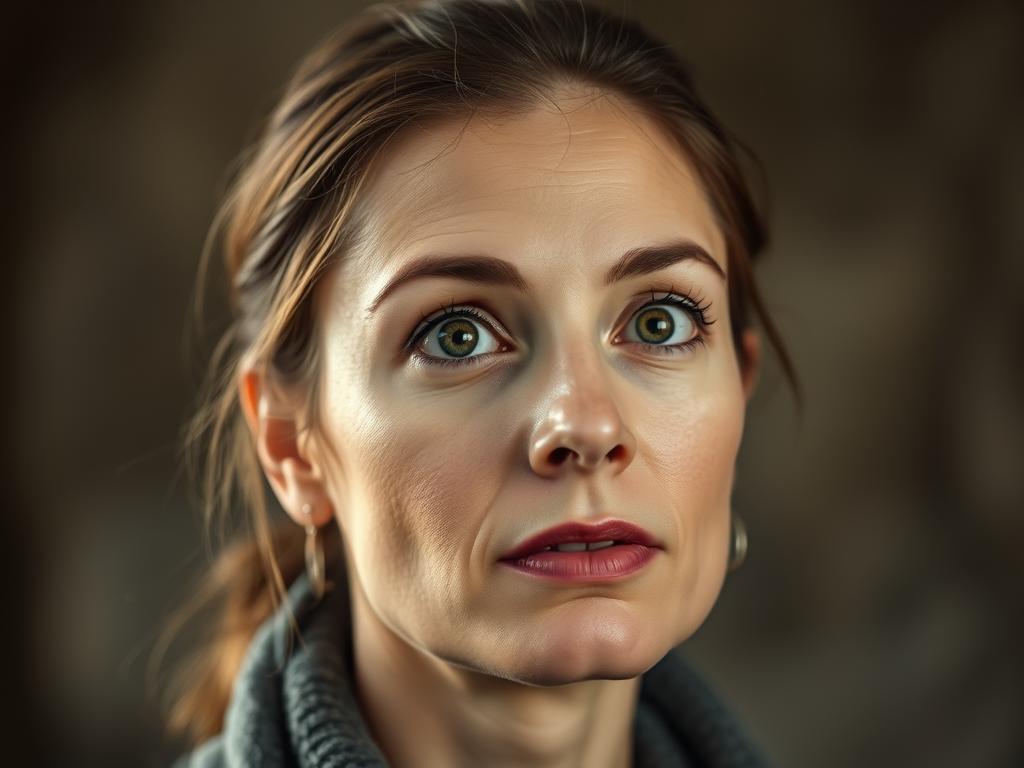 Portret zamyślonej kobiety z wyrazistymi oczami patrzącymi w dal