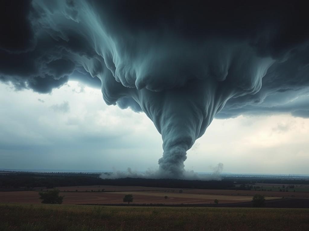 Potężna trąba powietrzna zbliżająca się do krajobrazu, symbolizująca utratę kontroli w snach