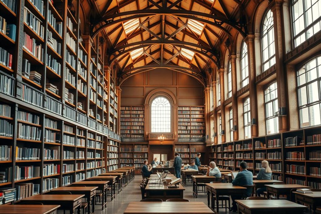 Przestronna biblioteka szkolna z regałami pełnymi książek i stołami do nauki, sennik szkoła i nauka