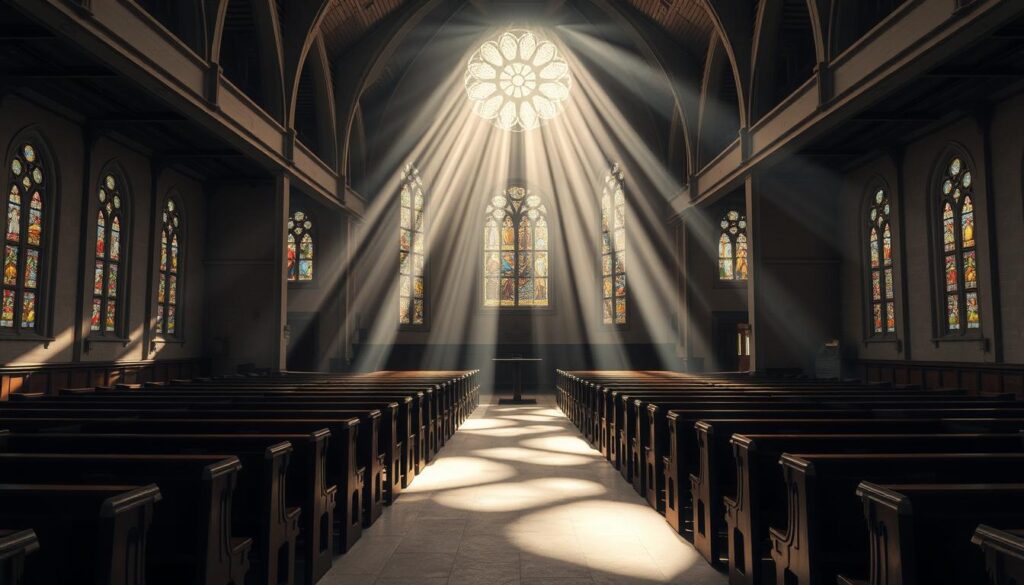 Puste wnętrze kościoła z promieniami światła wpadającymi przez witraże, sennik pusty kościół