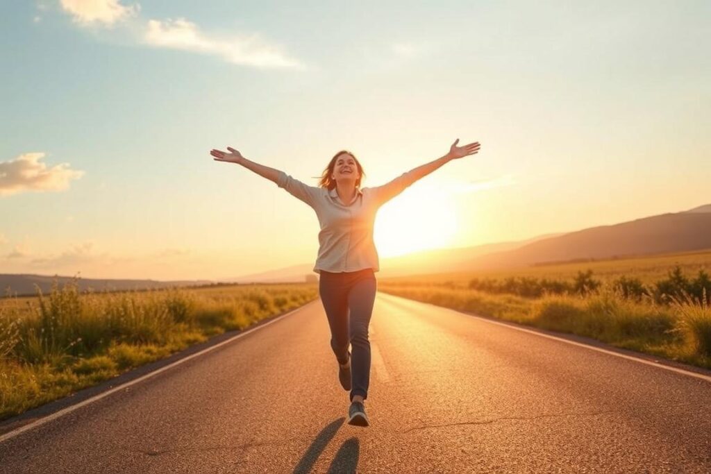 Radosna osoba na drodze symbolizująca pozytywne emocje w sennik drogi