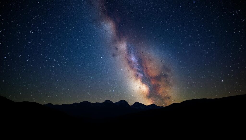Rozgwieżdżone niebo nad górskim krajobrazem, symbolizujące nadzieję i inspirację w snach