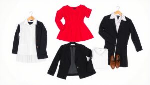 Różne elementy garderoby reprezentujące symbolikę ubrań w snach, w tym sukienka, płaszcz i buty