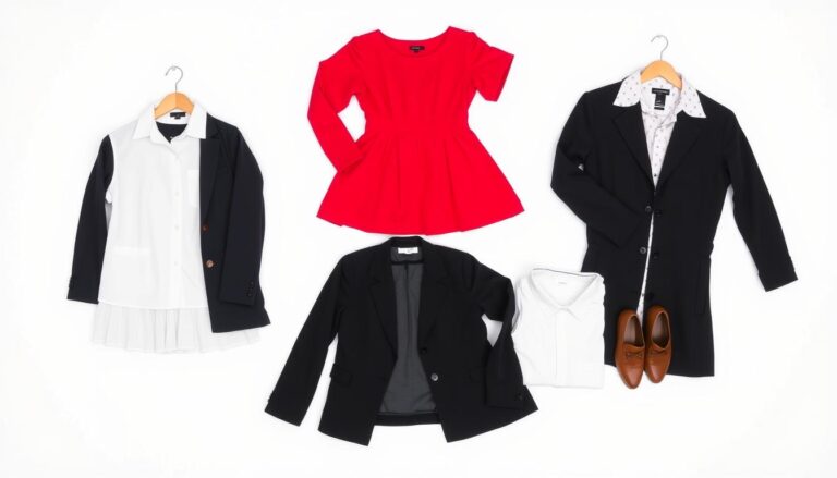 Różne elementy garderoby reprezentujące symbolikę ubrań w snach, w tym sukienka, płaszcz i buty