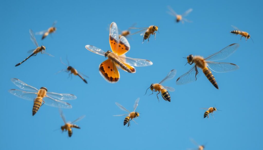 Różne latające owady w locie - sennik owady latające