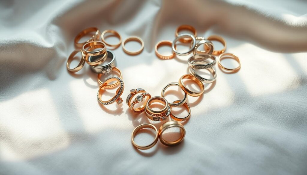 Różne pierścionki ułożone w kształt serca, symbolizujące różnorodne znaczenia snów o pierścionkach
