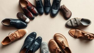 Różne rodzaje butów ułożone w okrąg symbolizujące różne ścieżki życiowe w sennikach