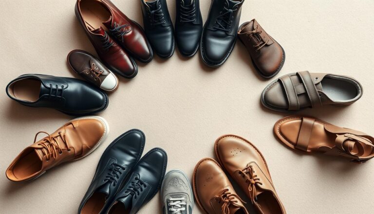 Różne rodzaje butów ułożone w okrąg symbolizujące różne ścieżki życiowe w sennikach