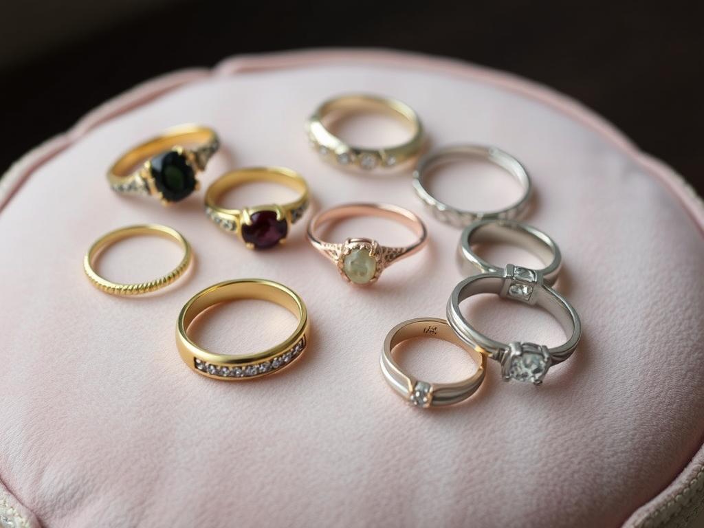Różne rodzaje pierścionków na aksamitnej poduszce symbolizujące różne interpretacje sennika
